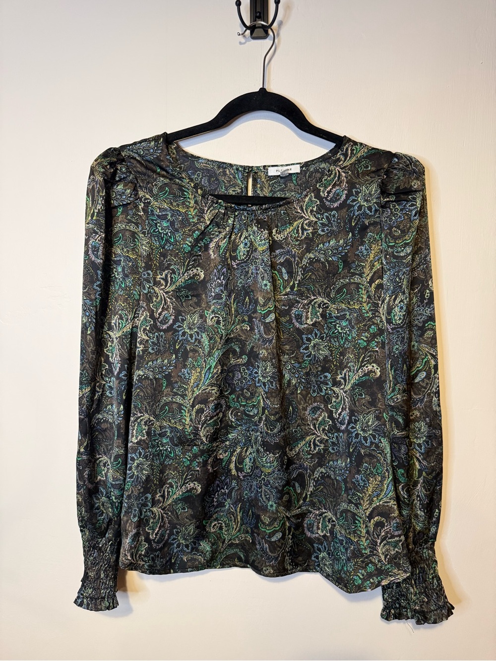 Pleione Anthropologie Puff Sleeve Long Sleeve Paisley Green Blouse Size Medium